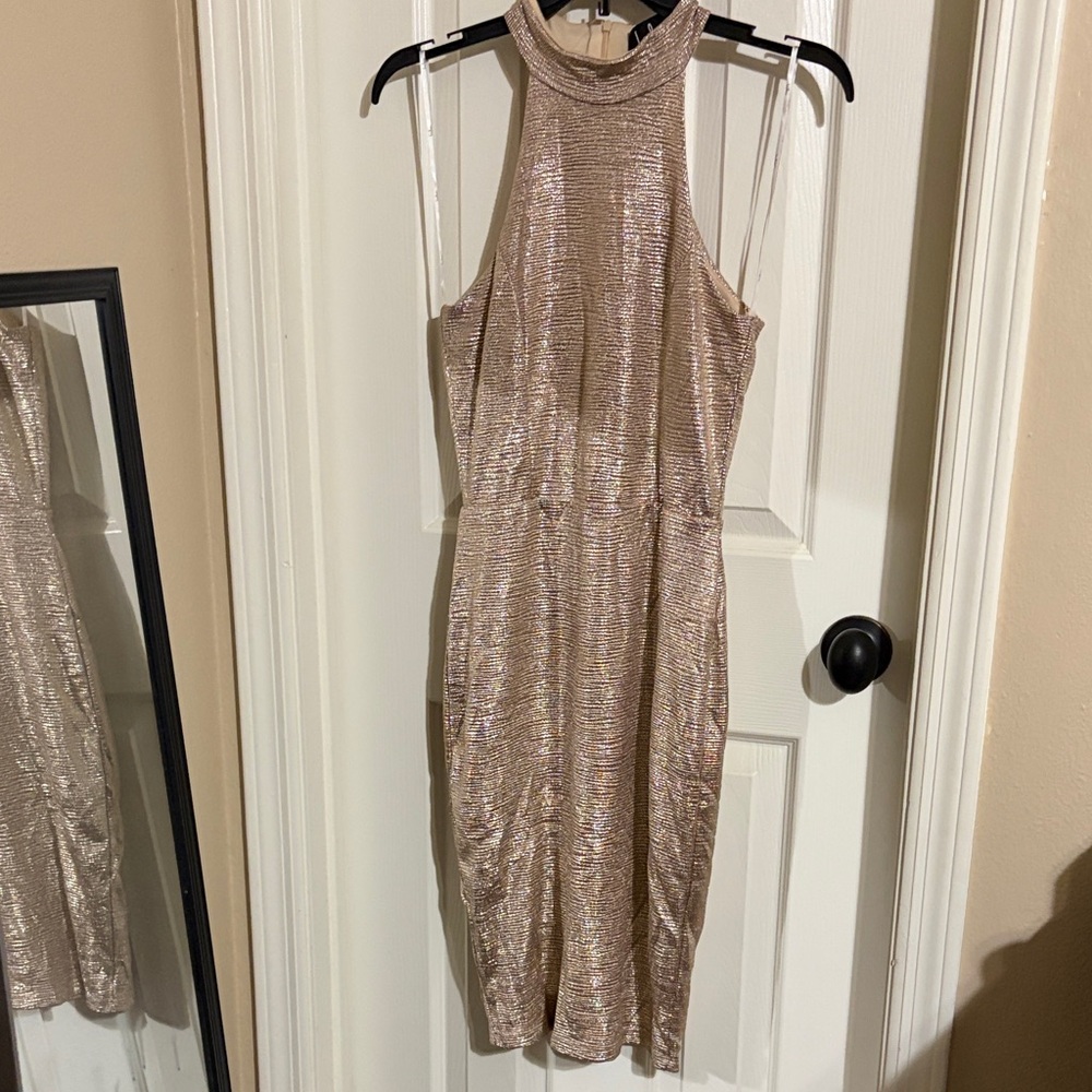Lulu's Shimmery Gold Mock Neck Midi Dress